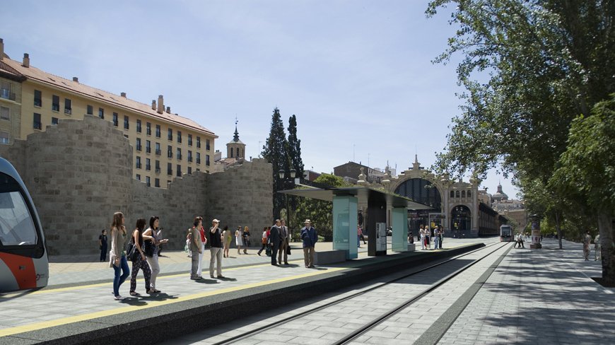 Render fotomontaje tranvía murallas Zaragoza