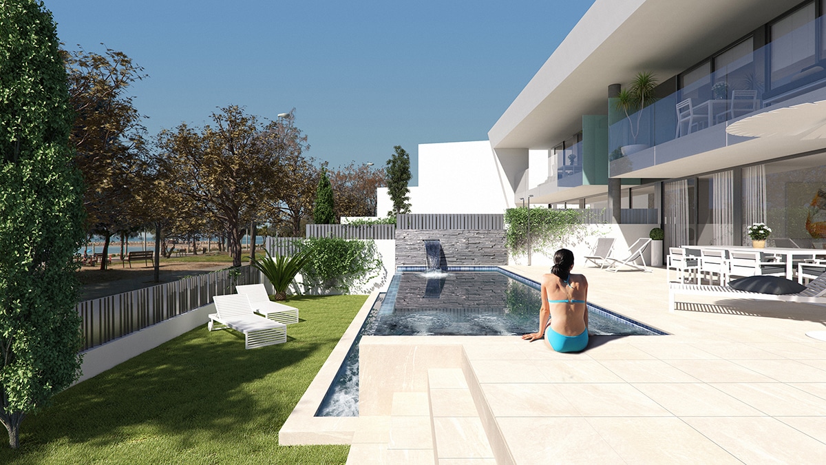 Render piscina y porche de residencial Oxalis por GAYARRE infografia