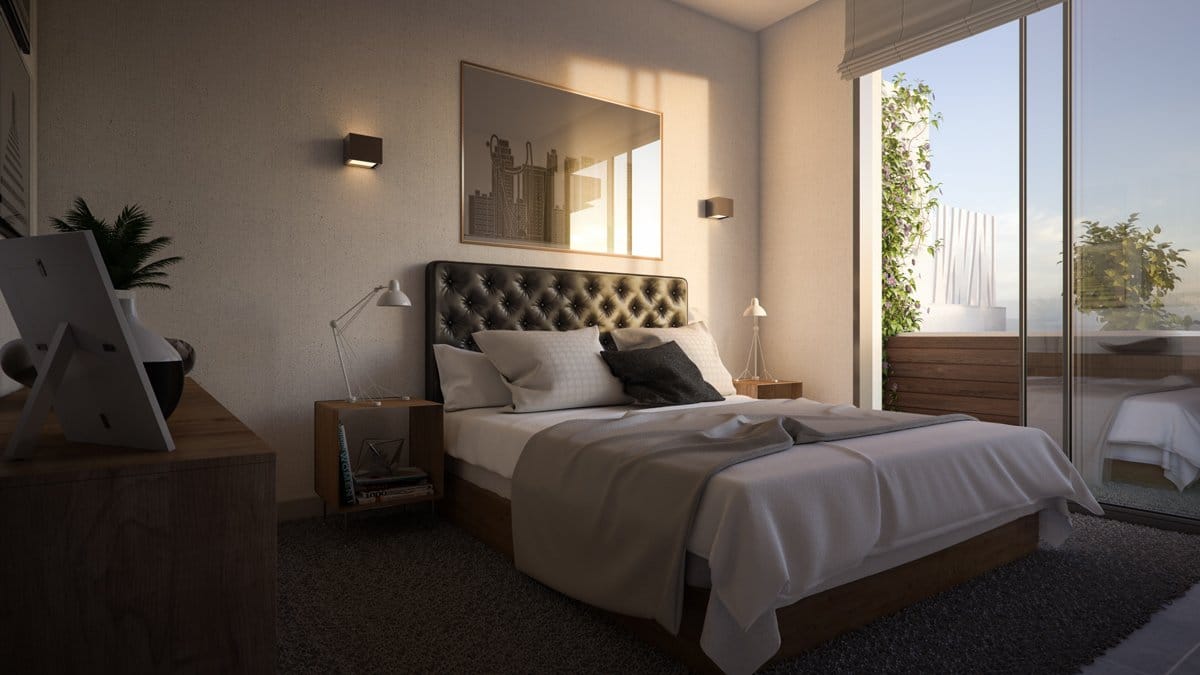 Render interior dormitorio conjunto residencial cerca de Benidorm por GAYARRE infografia