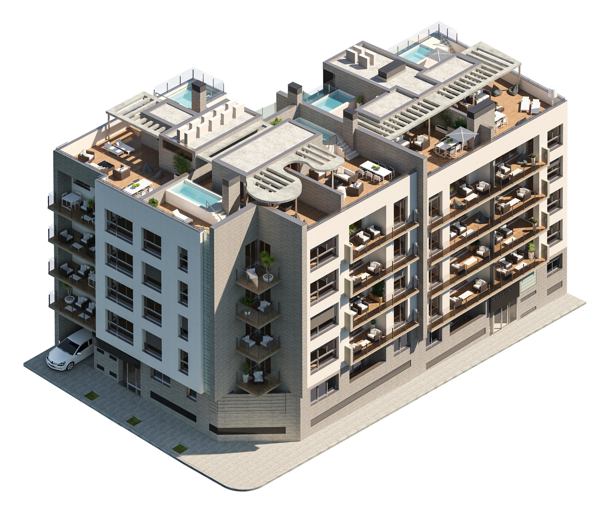 Axonometría de bloque de pisos por GAYARRE infografia