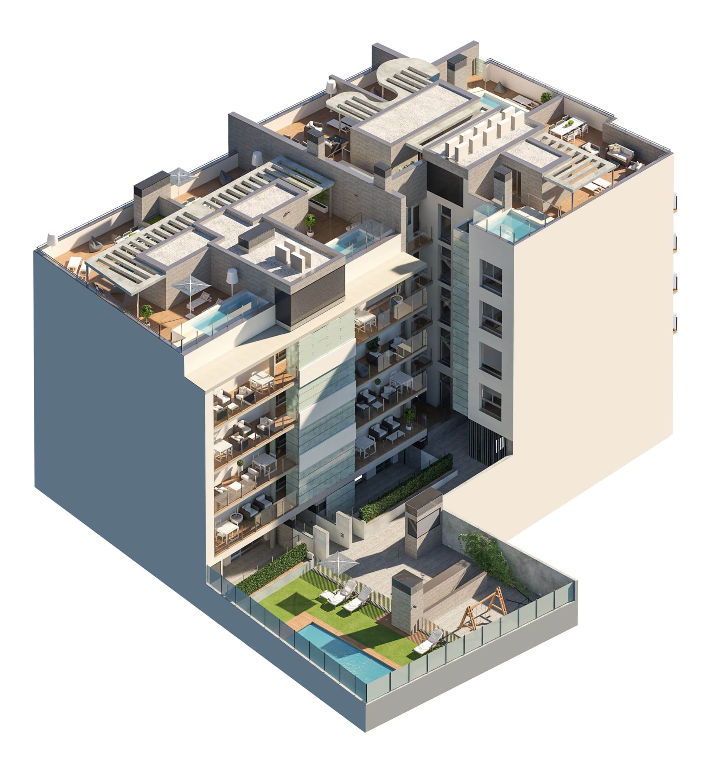 Axonometría de bloque de pisos por GAYARRE infografia