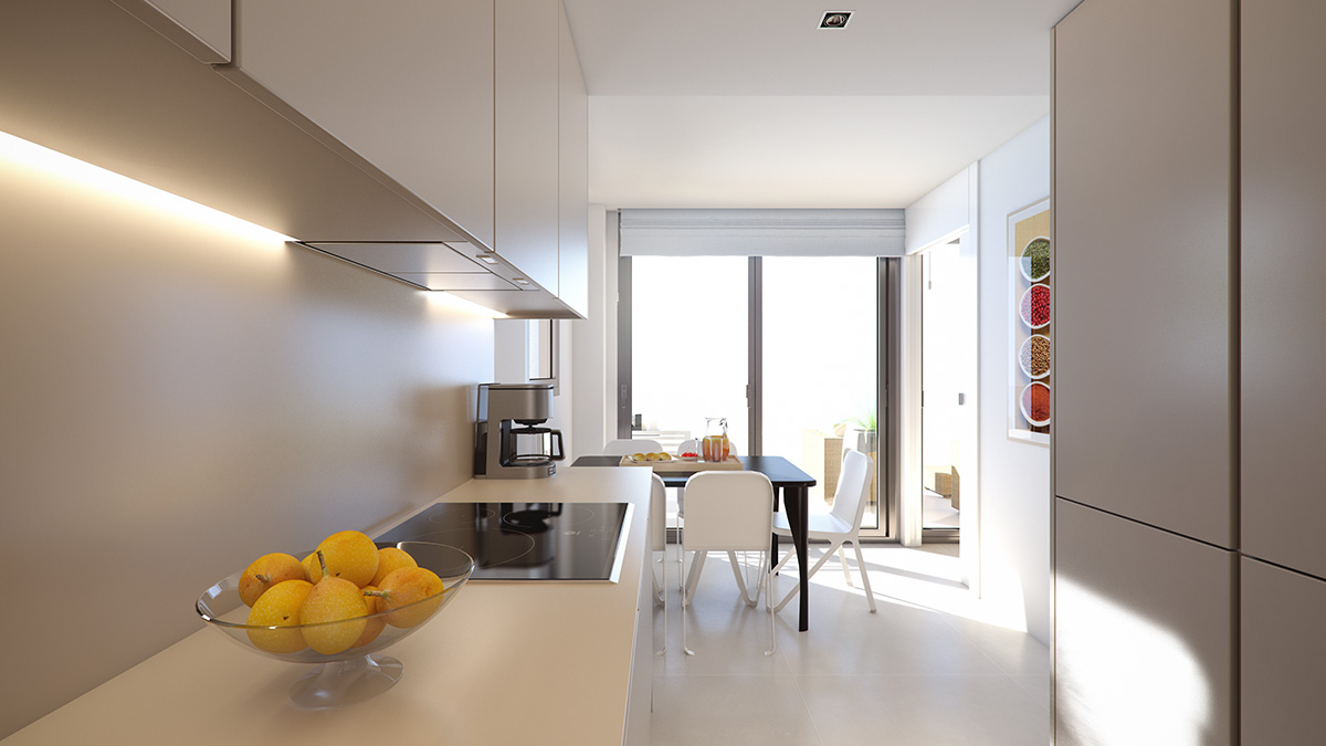 Render infografia interior cocina apartamento en Lleida por GAYARRE infografia