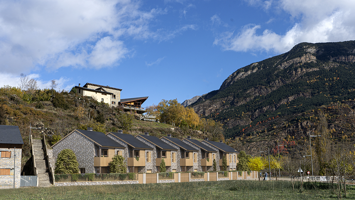 Render infografia fotomontaje de casas en la montaña