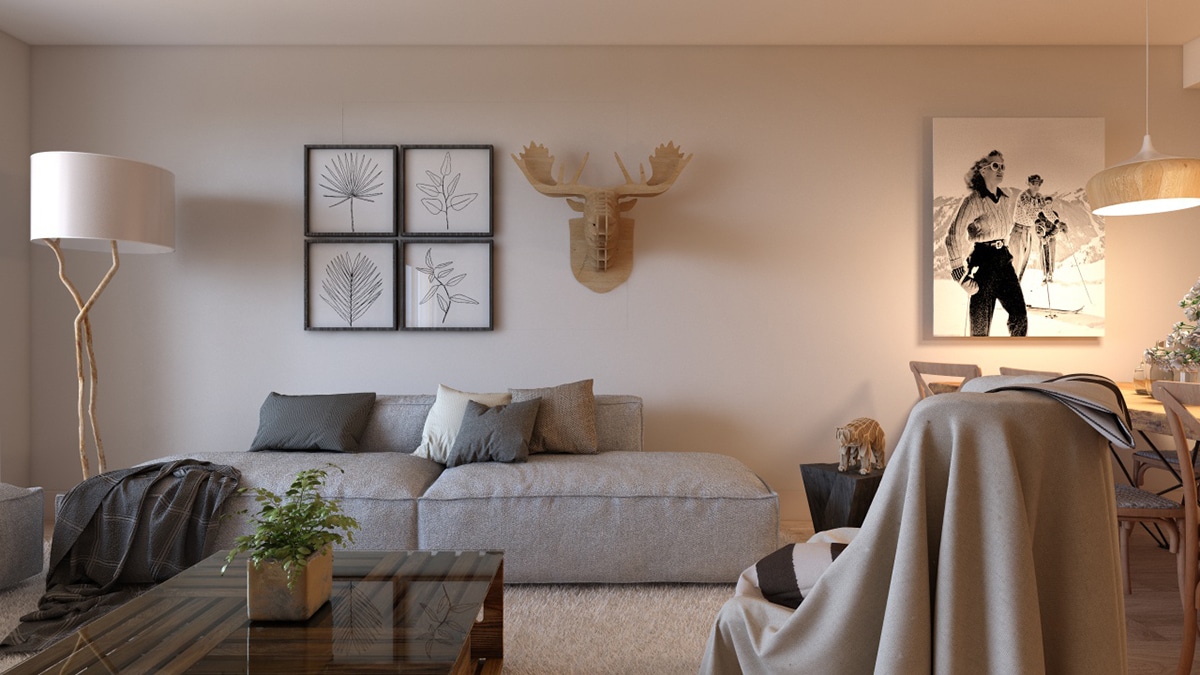 Test render infografia salón de estar de casa en la montaña con luces de lámparas