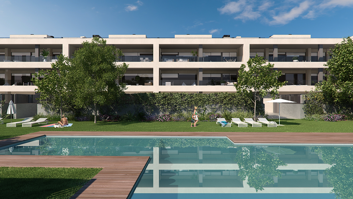 Render infografia jardín con piscina de bloque de viviendas en Lérida