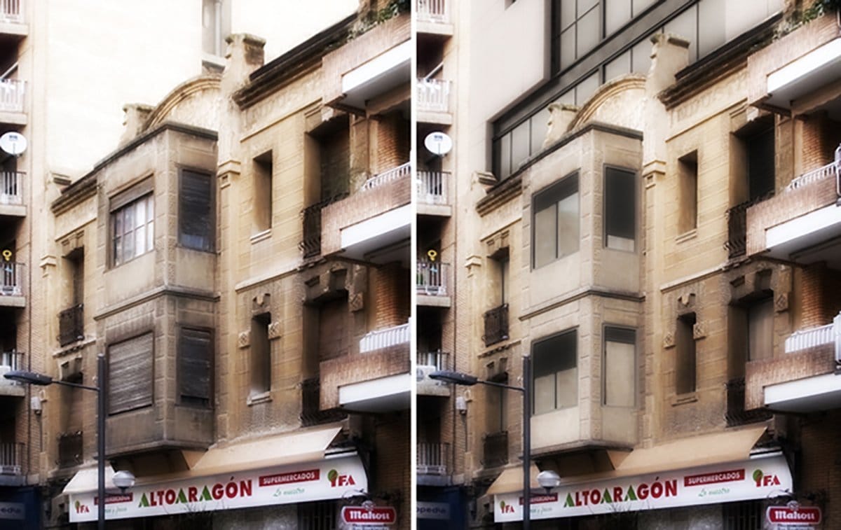 Antes y después de un render de fachada