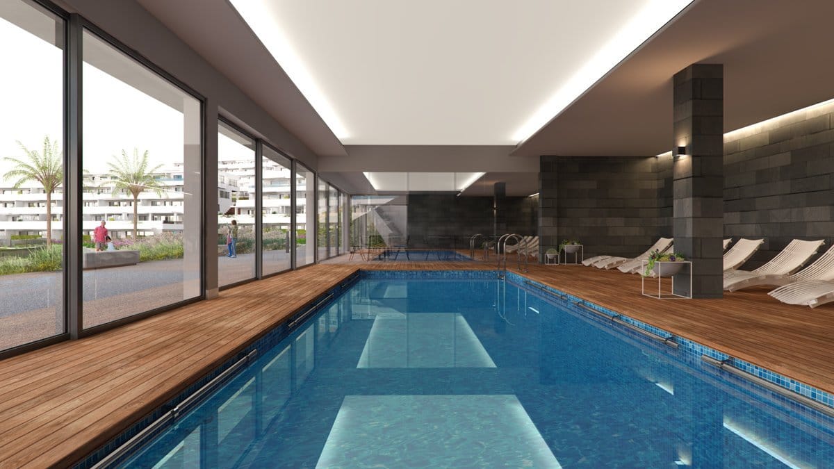 Render interior piscina conjunto residencial cerca de Benidorm por GAYARRE infografia