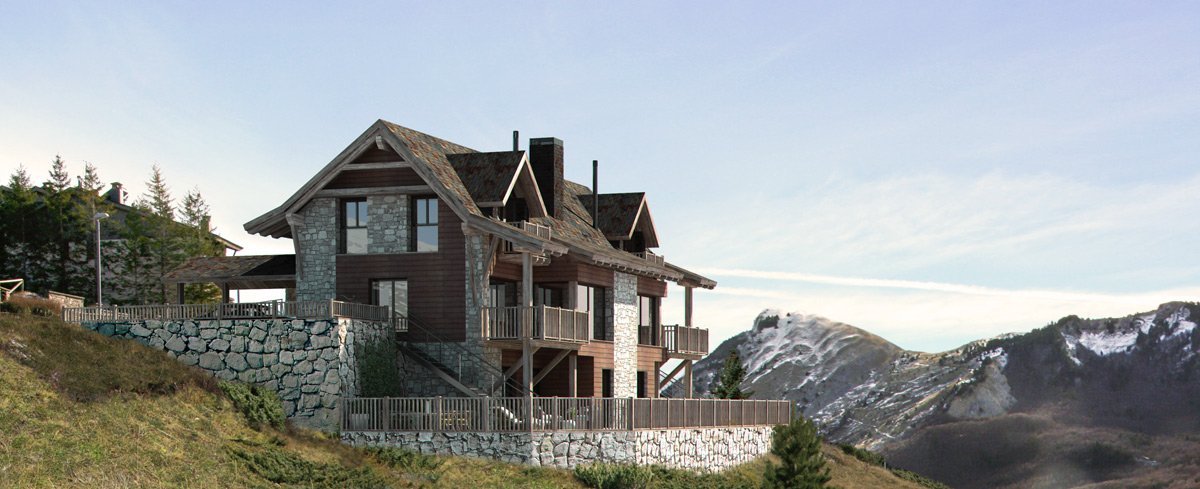 Render exterior casa en la montaña por GAYARRE infografia