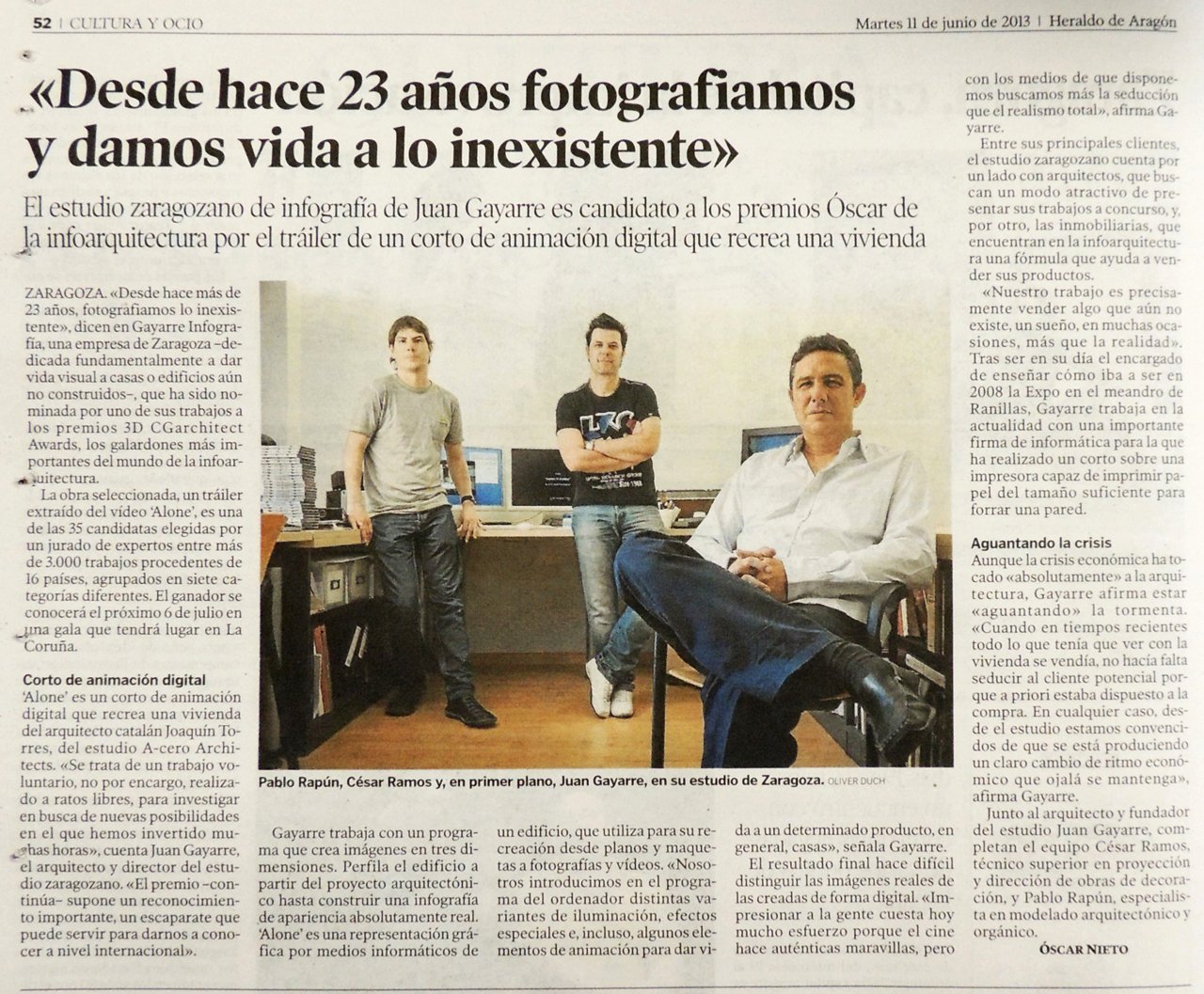 Noticia en el Heraldo de Aragón sobre nuestra nominación a los 3dArchitect Awards 2013 por "alone"