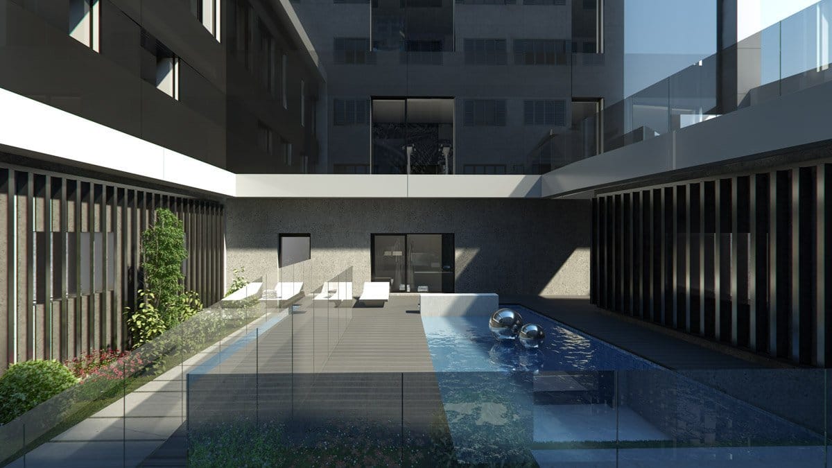 Render exterior piscina de A-cero architects por GAYARRE infografia