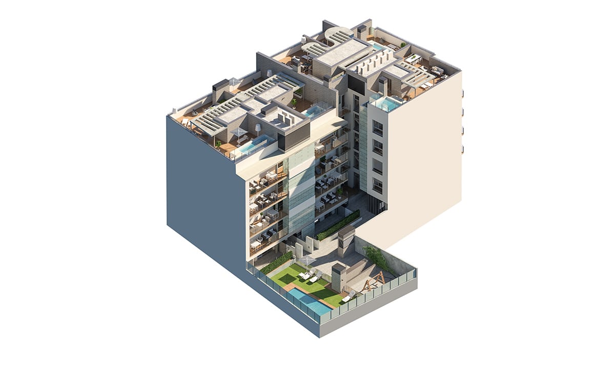 Render axonometría bloque de pisos por GAYARRE infografia