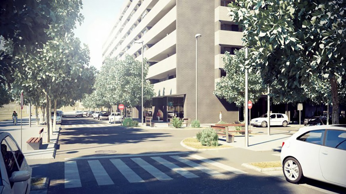render of a street with buildings
