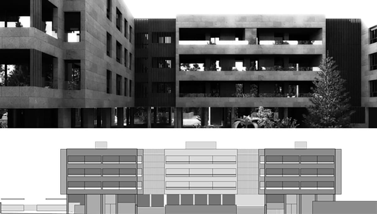Render image and plan elevation of a block of flats