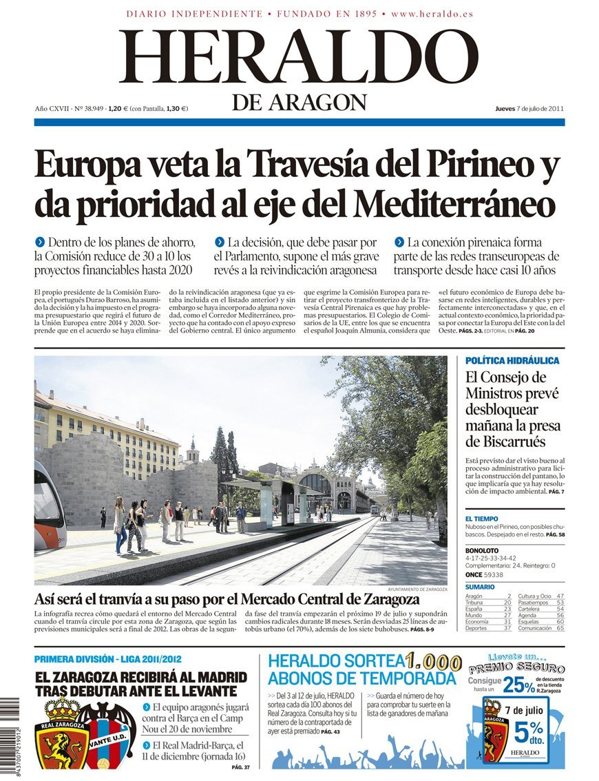 Main page of Heraldo de Aragón newspaper with the render of the tramway by GAYARRE infografia