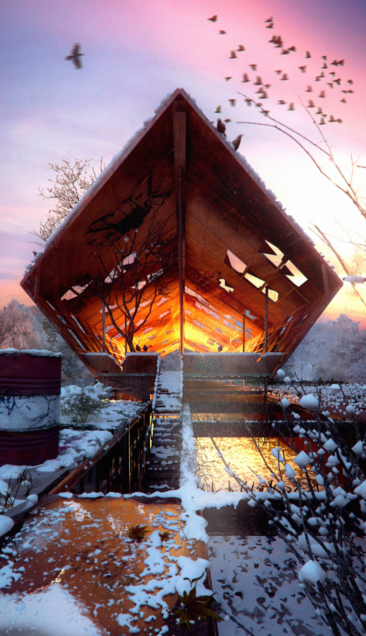 Render winner image for a contest of a bridge damaged at sunset with snow