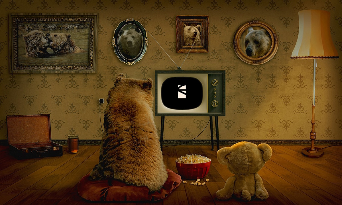 Two toy bears looking at the Tv with the GAYARRE infografia logo