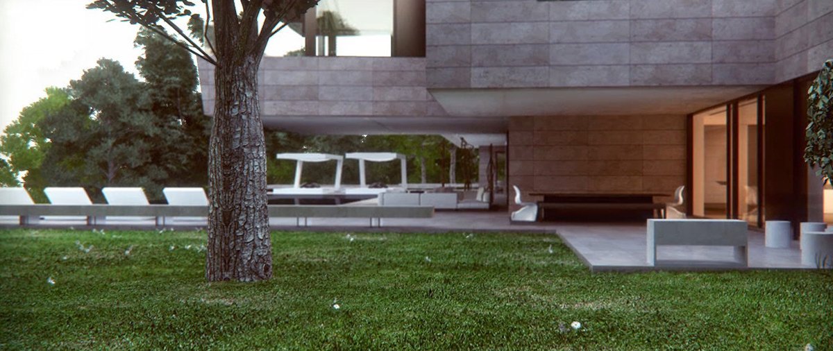 Render garden of Casa Marbella of A-cero architects by GAYARRE infografia on film "alone"
