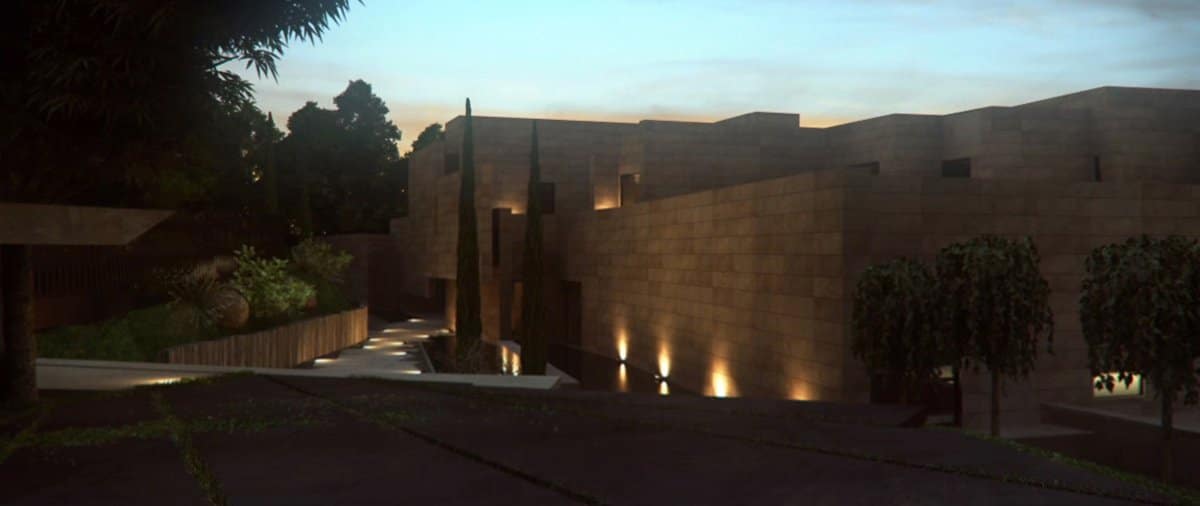Render at night of Casa Marbella of A-cero architects by GAYARRE infografia on film "alone"