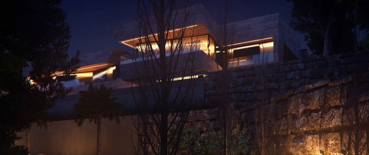 Render at night of Casa Marbella of A-cero architects by GAYARRE infografia on film "alone"