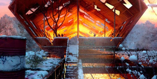 Detail render contest of a bridge at sunset with snow