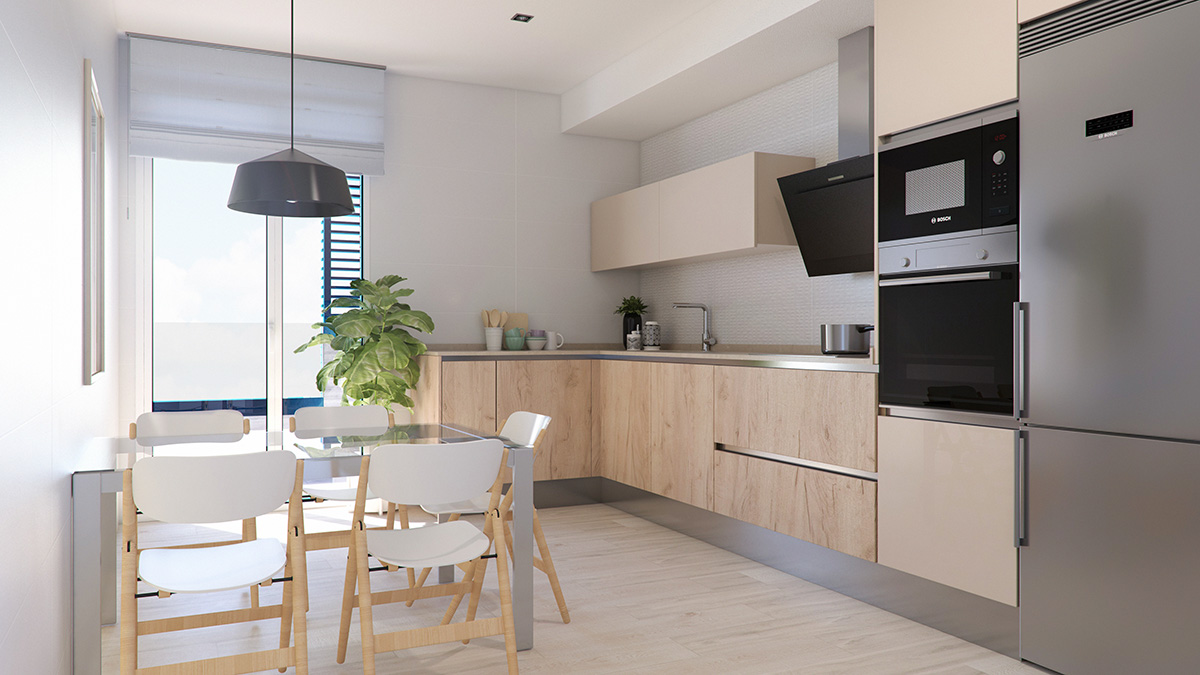 Render interior kitchen view AMADEUS block of flats by GAYARRE infografia