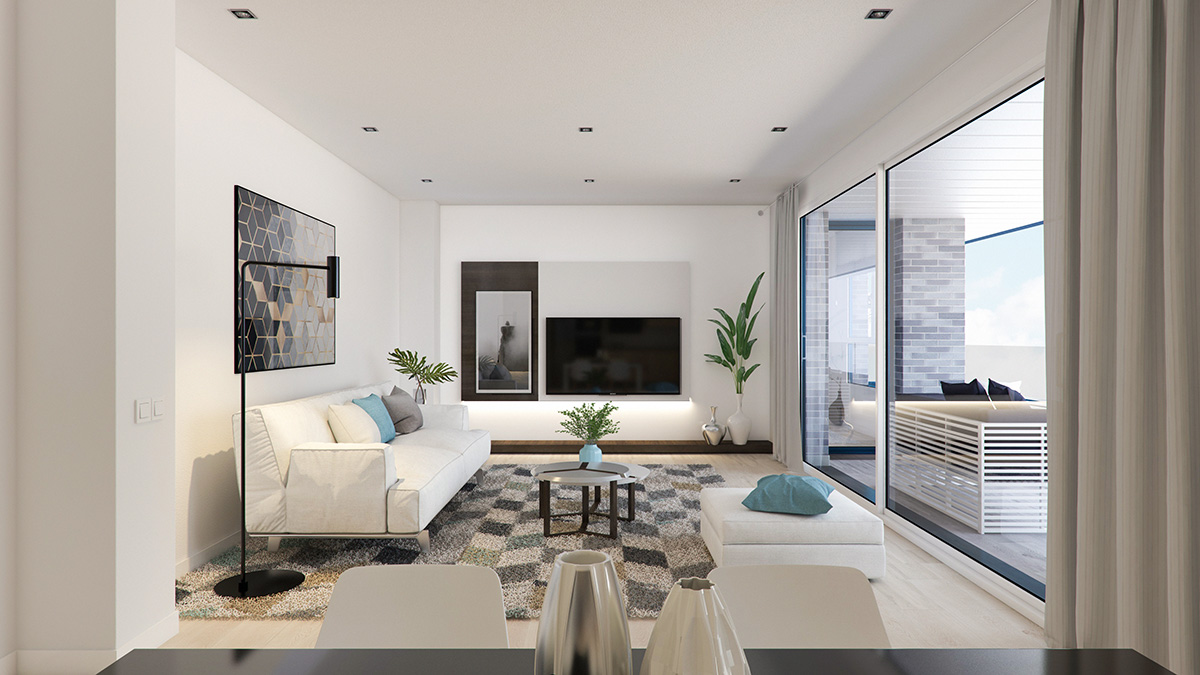 Render interior living room view AMADEUS block of flats by GAYARRE infografia