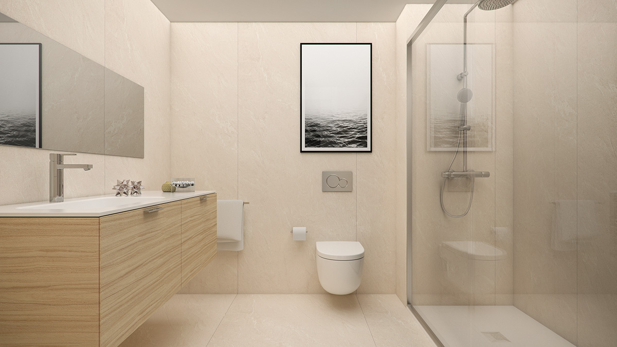 Render interior bathroom view block of flats at Lleida by GAYARRE infografia