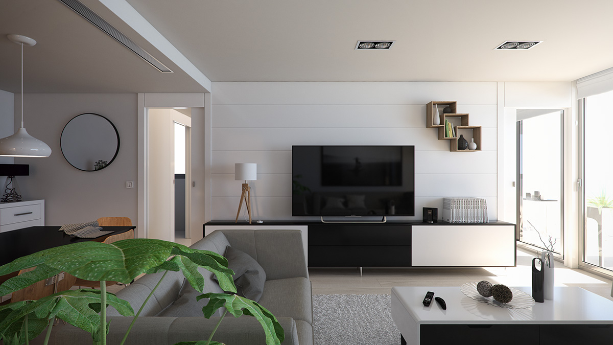 Render interior living room view block of flats at Lleida by GAYARRE infografia