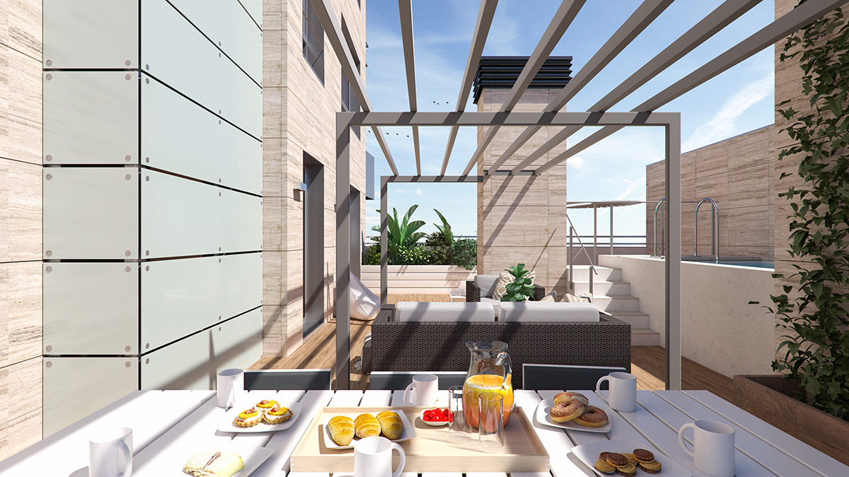 Render exterior terrace view MALUI block of flats by GAYARRE infografia