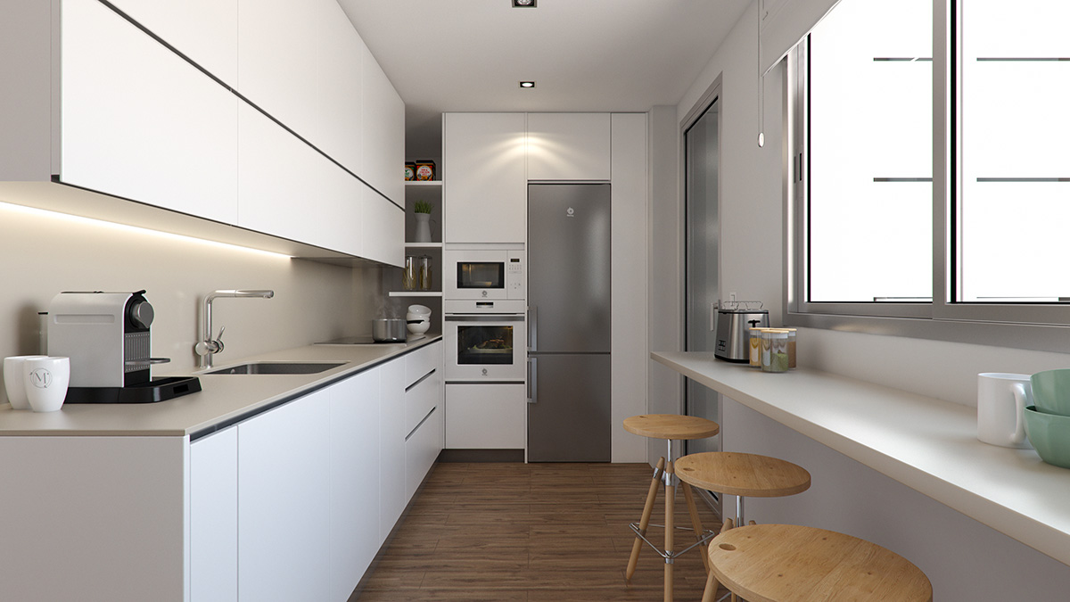 Render interior kitchen view MALUI block of flats by GAYARRE infografia