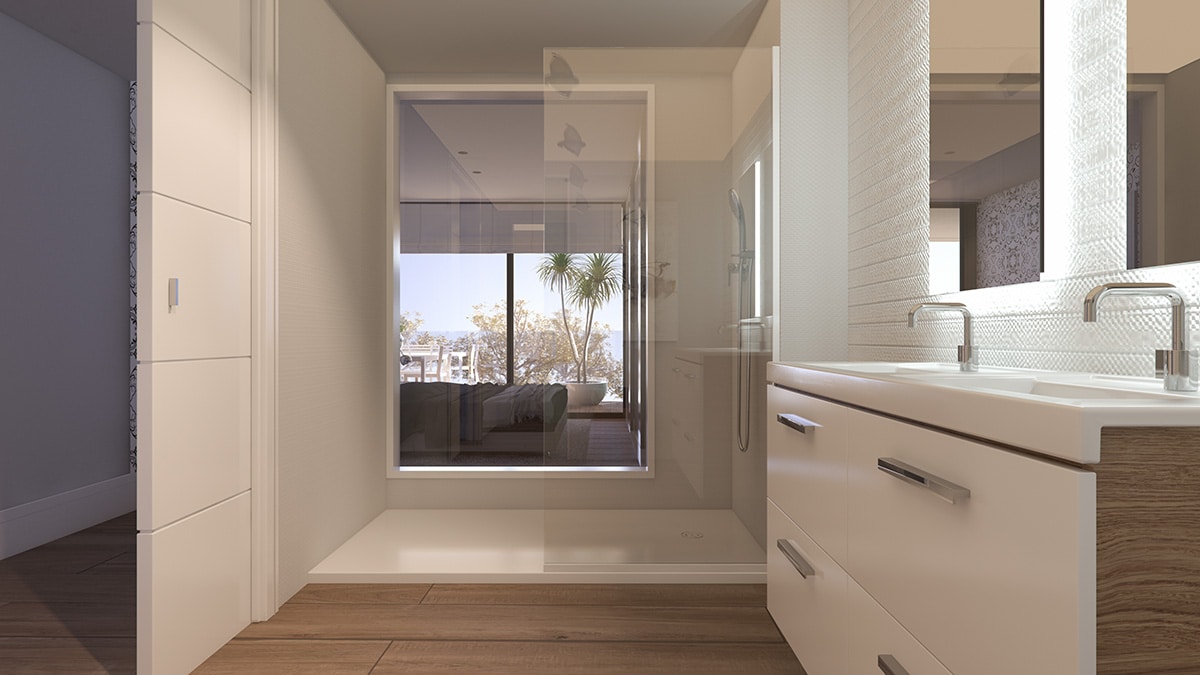 Render interior bathroom view luxury houses Oxalis at Cambrils by GAYARRE infografia