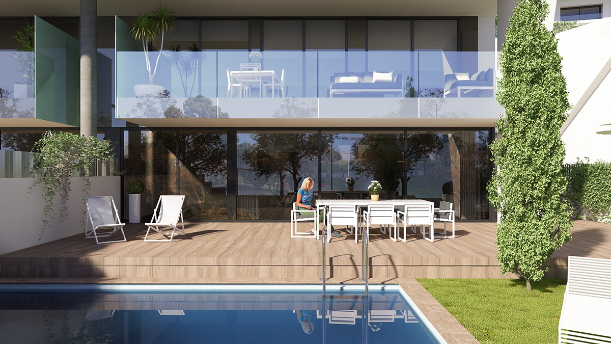 Render exterior pool view luxury houses Oxalis at Cambrils by GAYARRE infografia