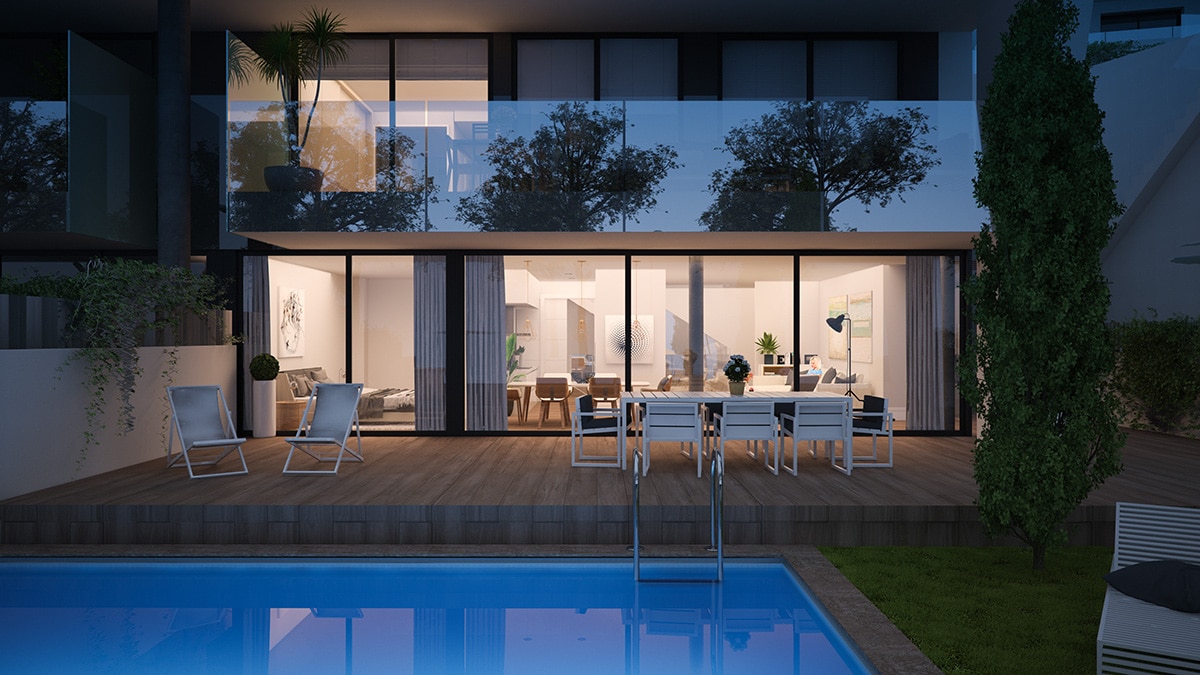 Render exterior night pool view luxury houses Oxalis at Cambrils by GAYARRE infografia