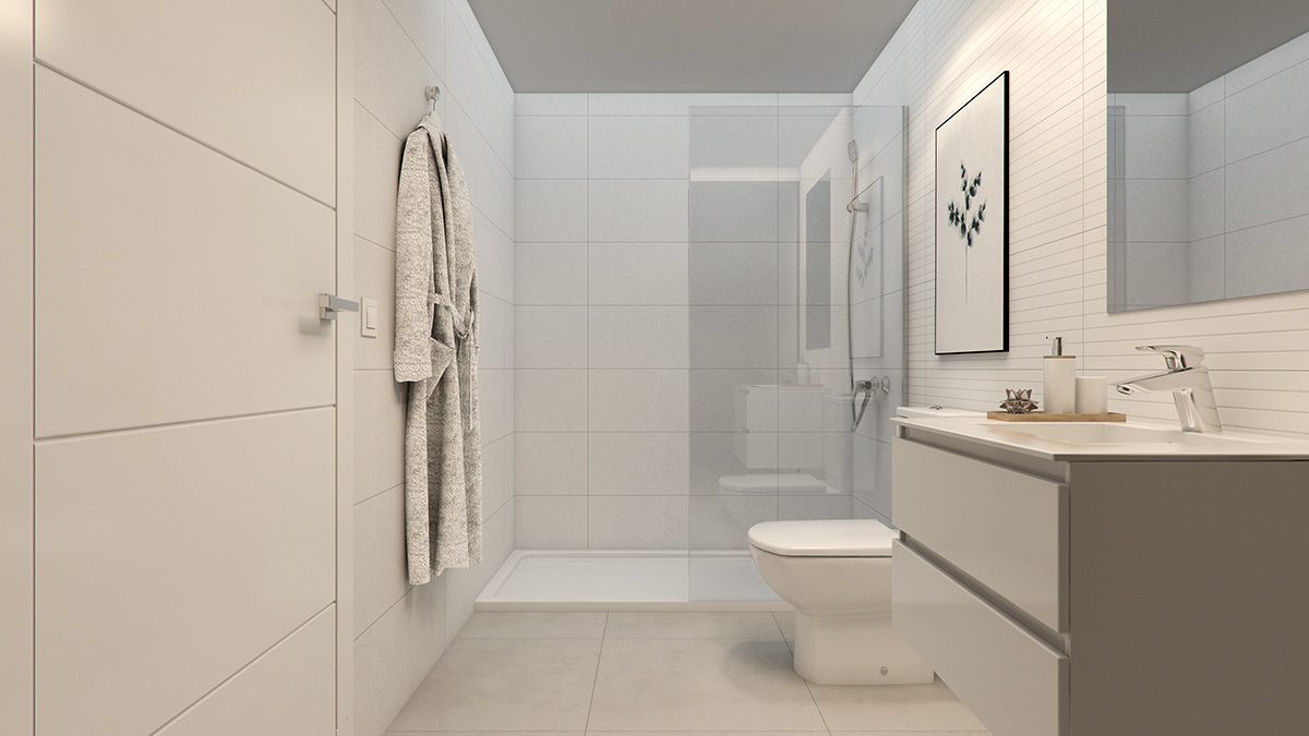 Render interior bathroom view SEAGARDENS Resort of flats by GAYARRE infografia