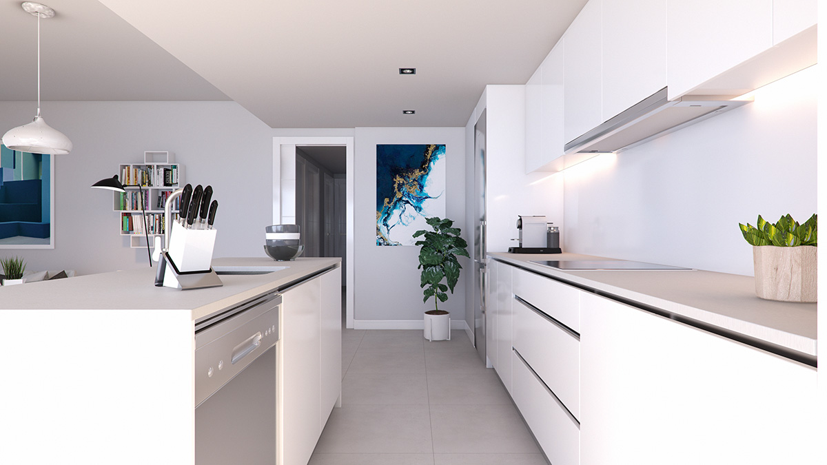 Render interior kitchen view SEAGARDENS Resort of flats by GAYARRE infografia