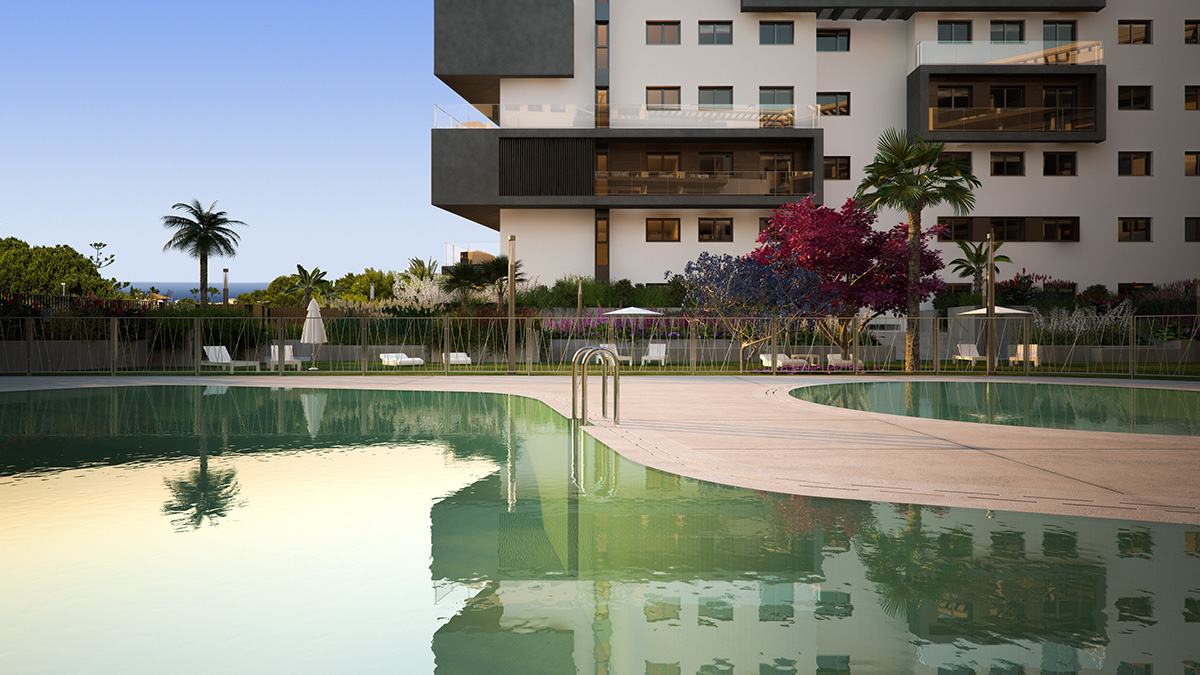 Render exterior pool view SEAGARDENS Resort of flats by GAYARRE infografia