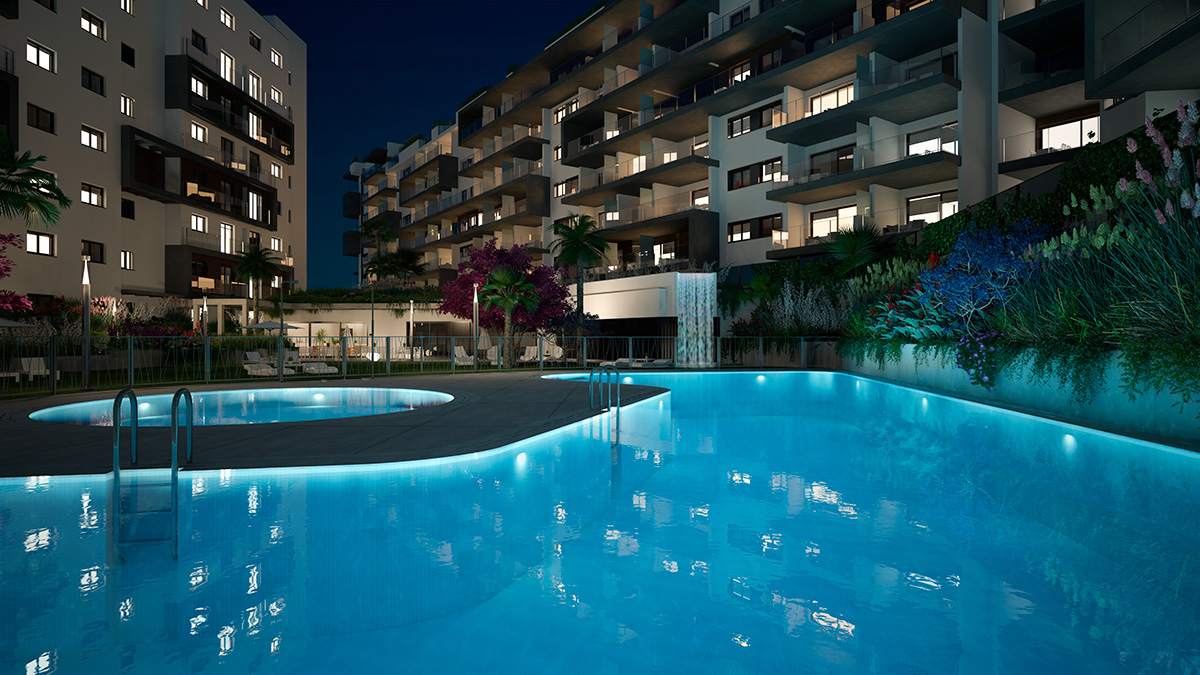 Render exterior pool night view SEAGARDENS Resort of flats by GAYARRE infografia