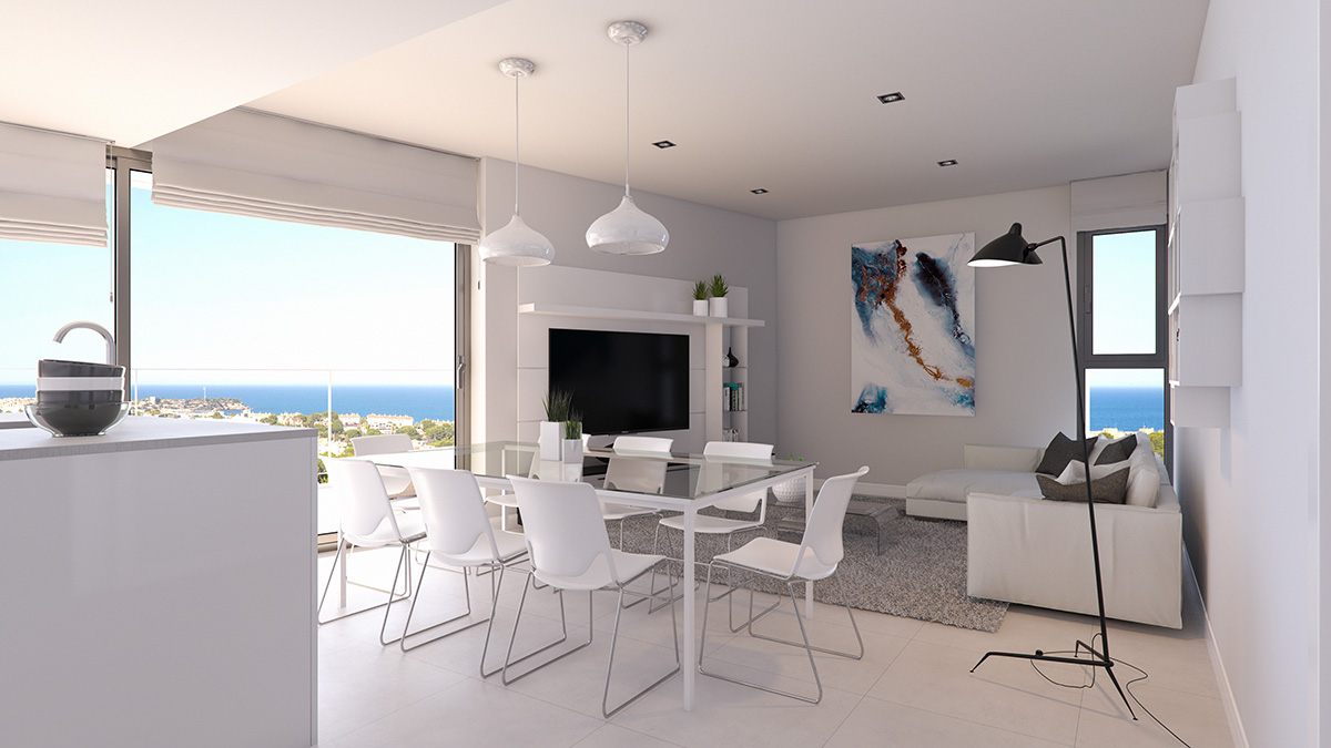 Render interior living room view SEAGARDENS Resort of flats by GAYARRE infografia