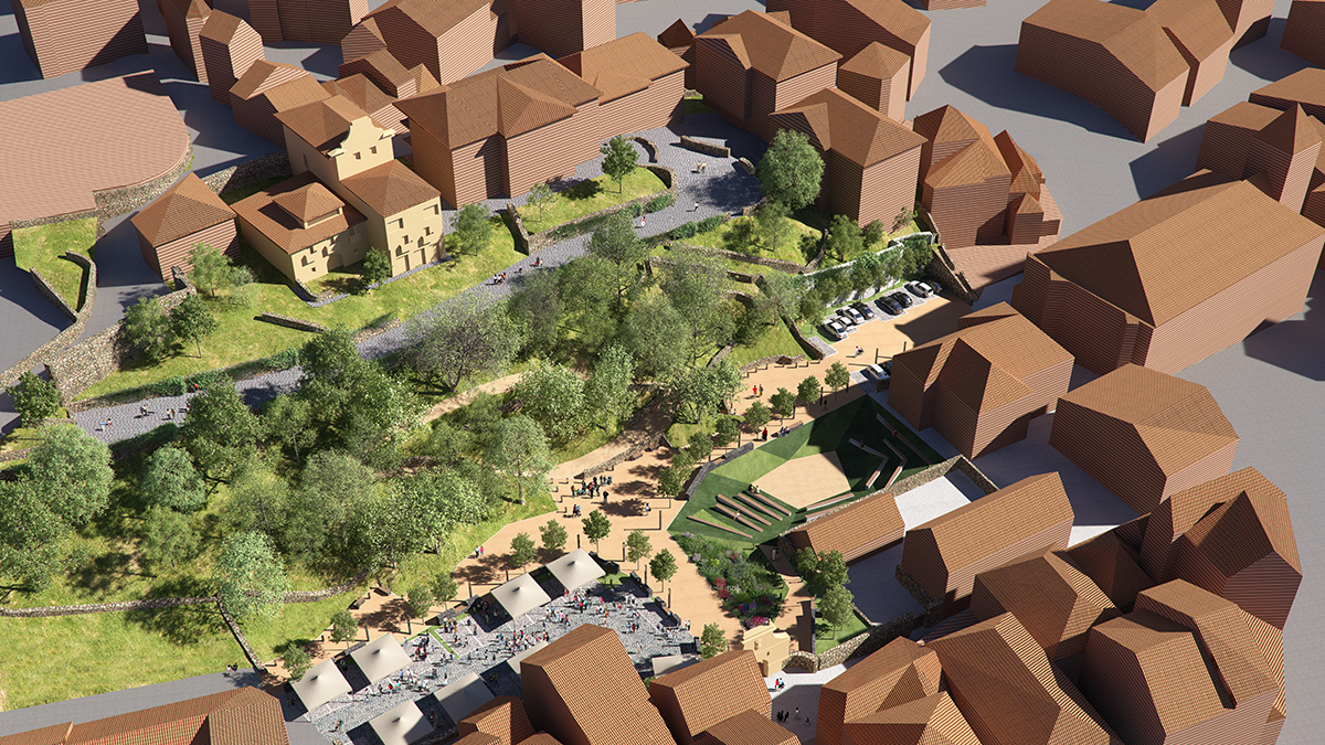 Test aerial daylight render image of urban park in Comillas by GAYARRE infografia