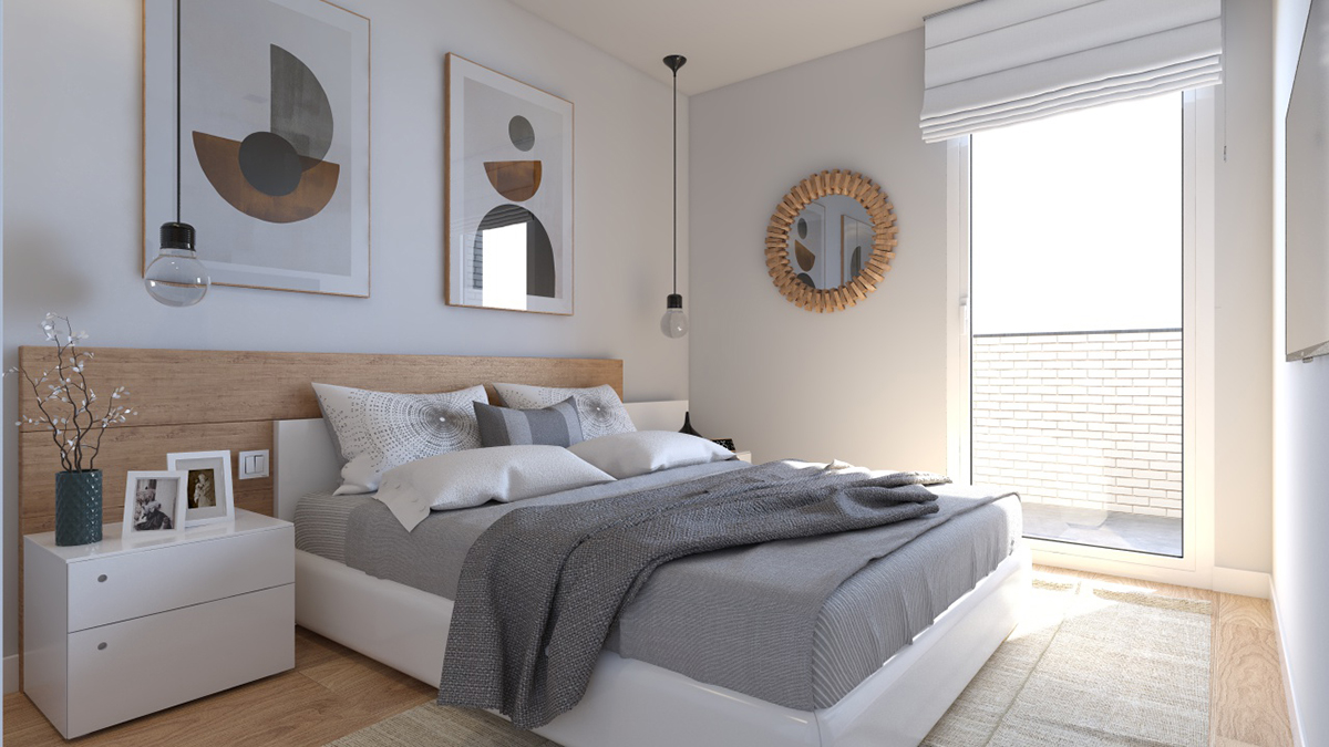 Bedroom render image of a block of flats in Zaragoza by GAYARRE infografia
