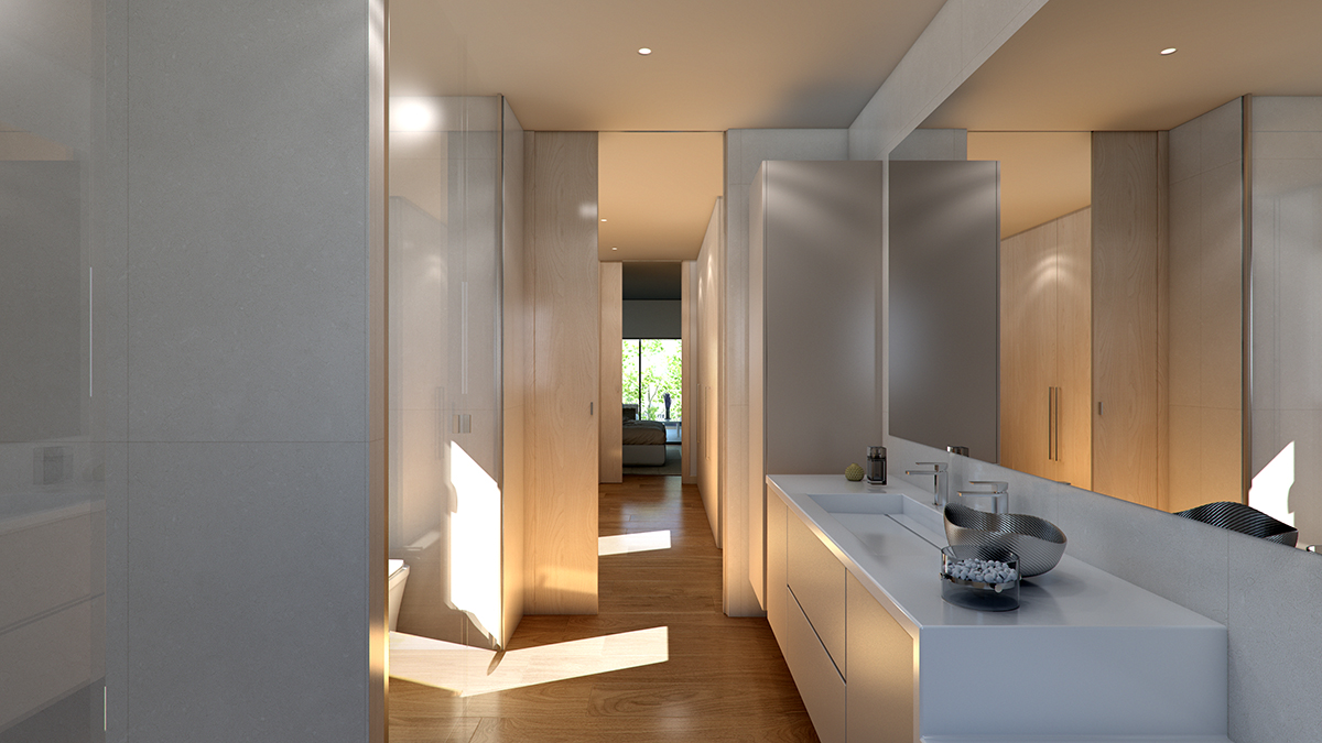 Bathroom render image of a block of flats in Lleida by GAYARRE infografia