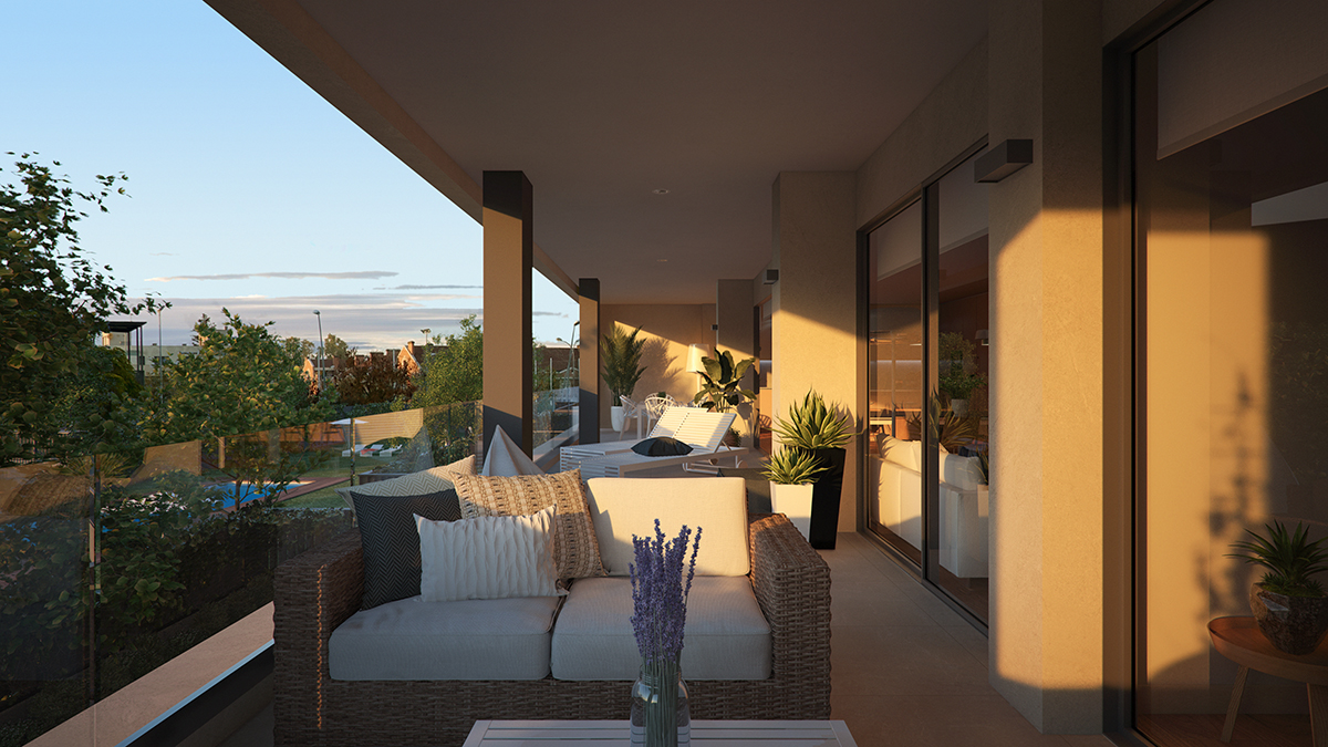 Terrace render image of a block of flats in Lleida by GAYARRE infografia