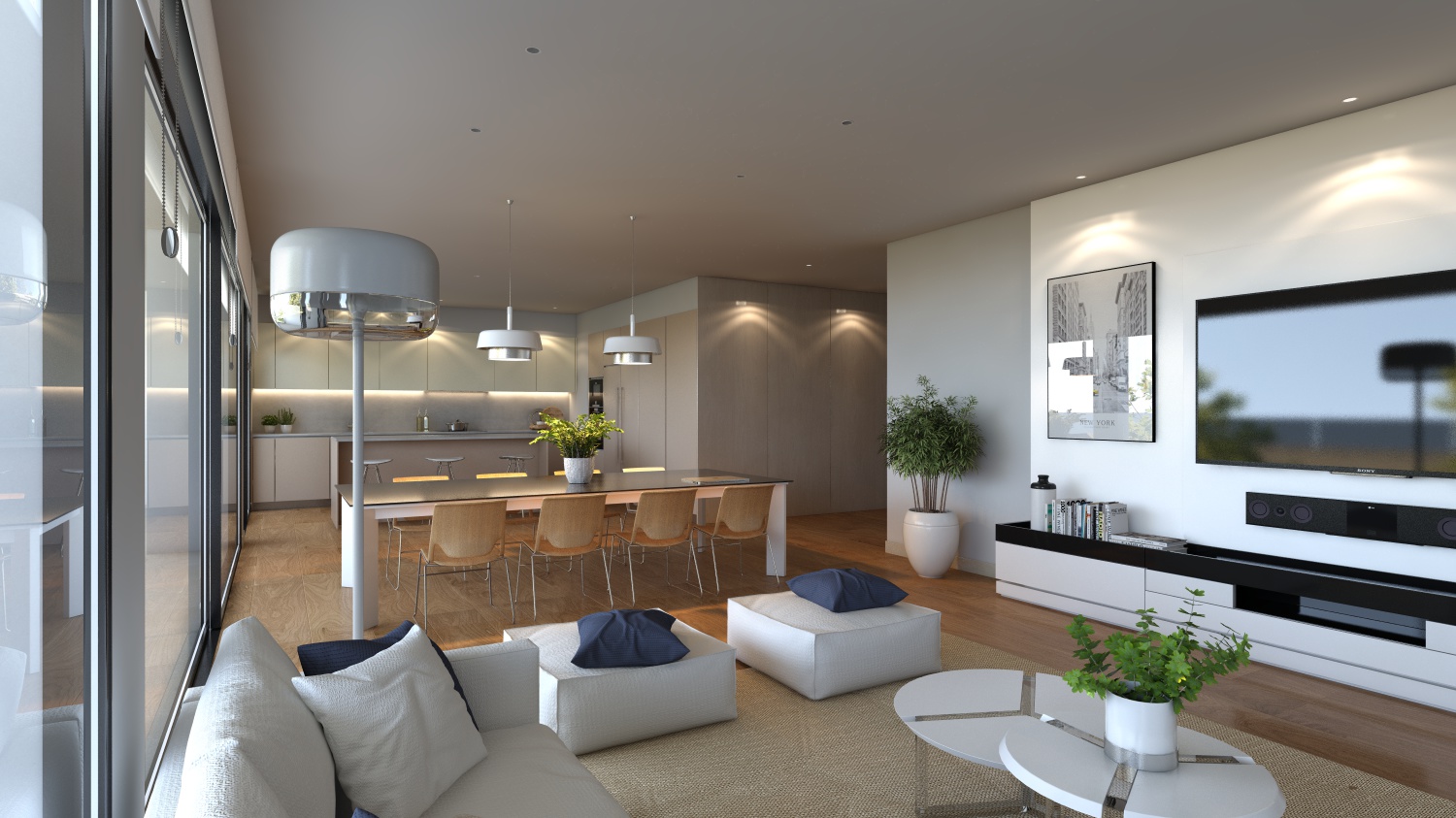 Living room render image of a block of flats in Lleida by GAYARRE infografia