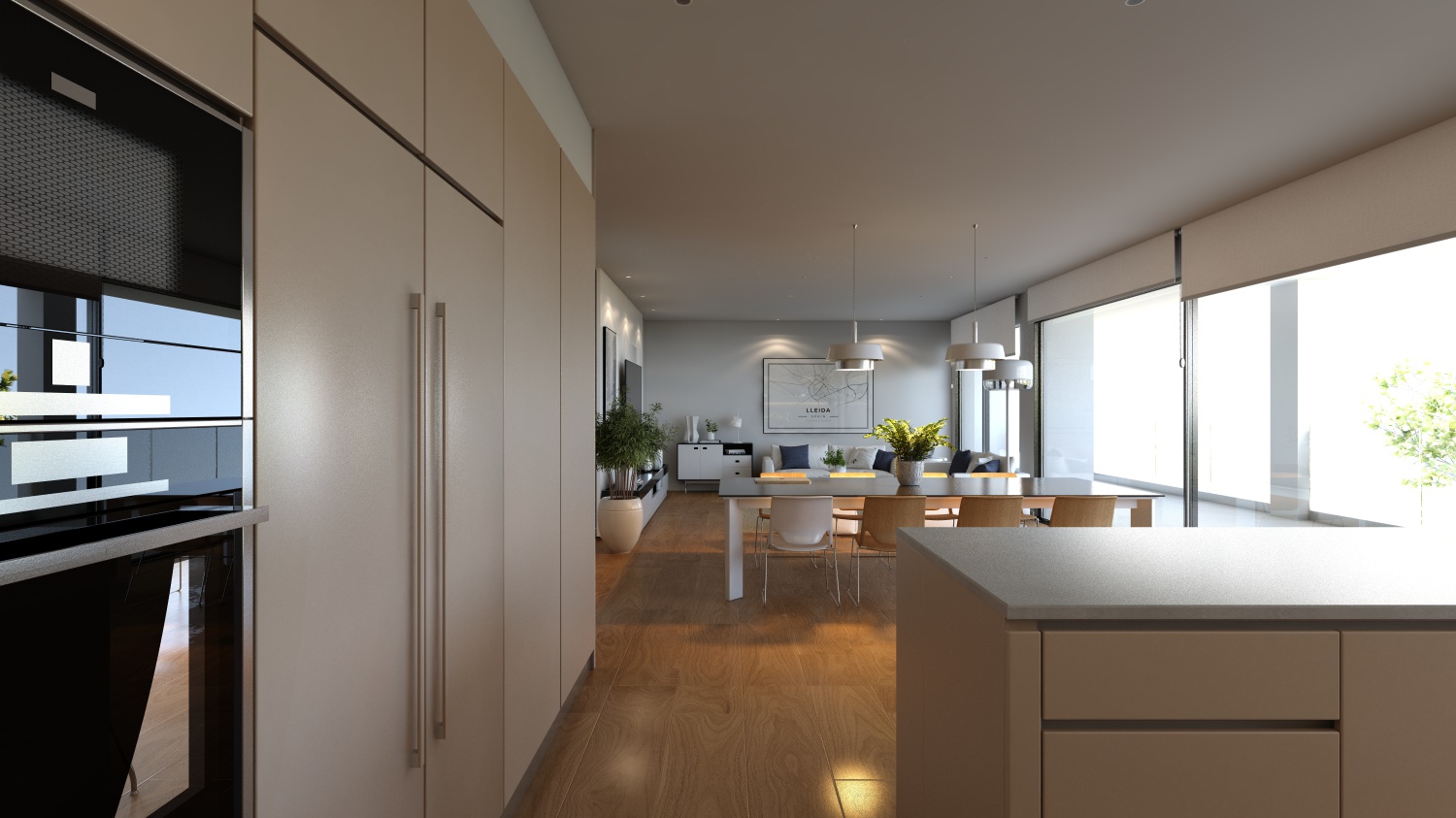 Living room and kitchen render image of a block of flats in Lleida by GAYARRE infografia