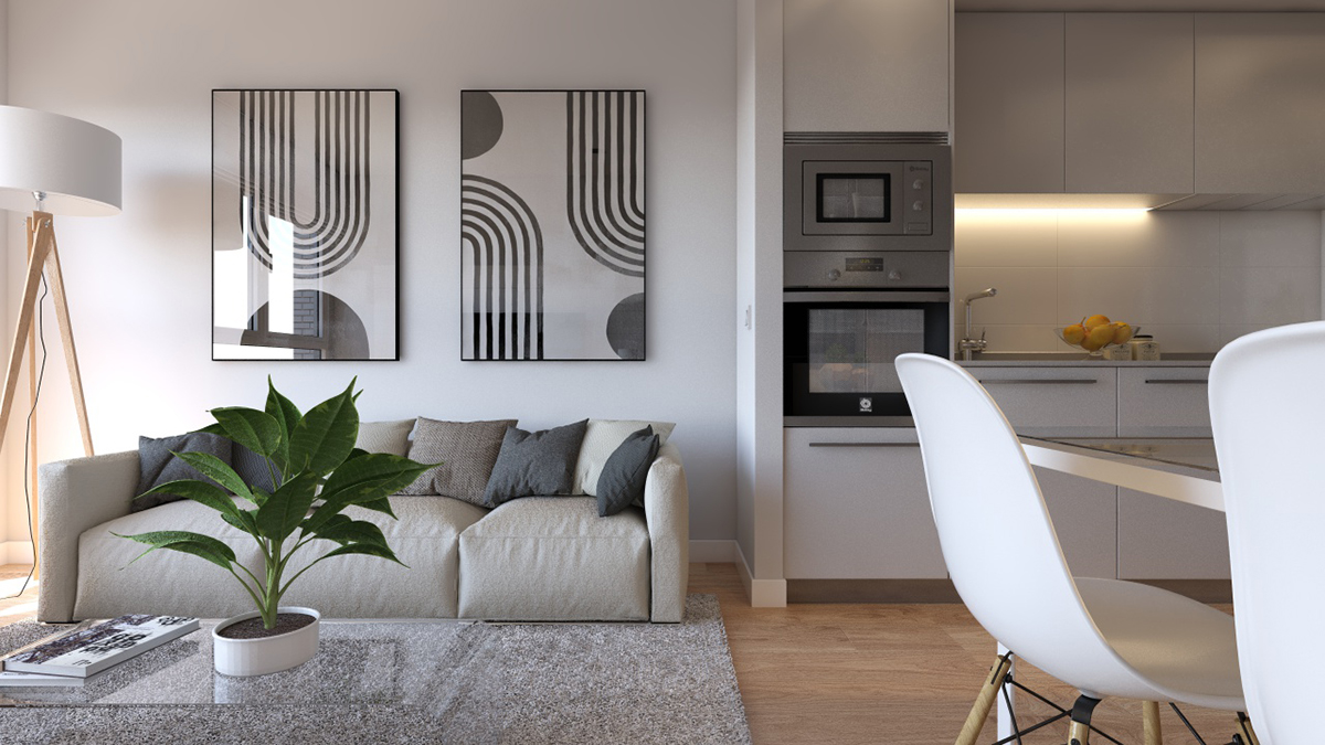 Kitchen and living room render image of a block of flats in Zaragoza by GAYARRE infografia