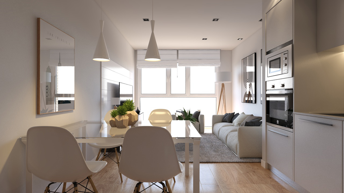 Kitchen and living room render image of a block of flats in Zaragoza by GAYARRE infografia