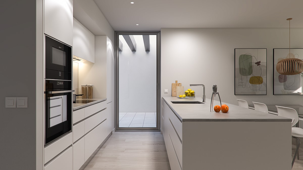 Kitchen render image of apartment INSULA in Cambrils by GAYARRE infografia