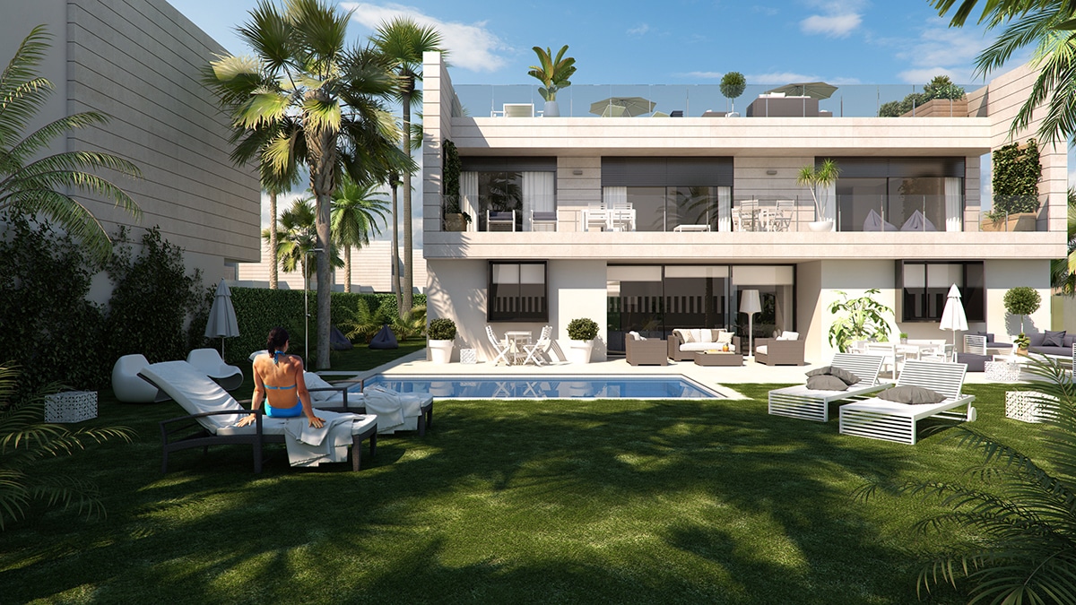 Swimming pool render image of apartment INSULA in Cambrils by GAYARRE infografia