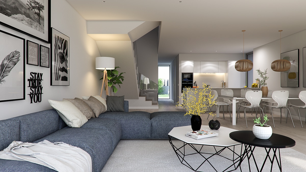 Living room render image of apartment INSULA in Cambrils by GAYARRE infografia