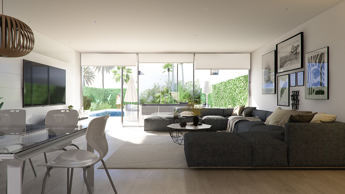 Living room render image of apartment INSULA in Cambrils by GAYARRE infografia